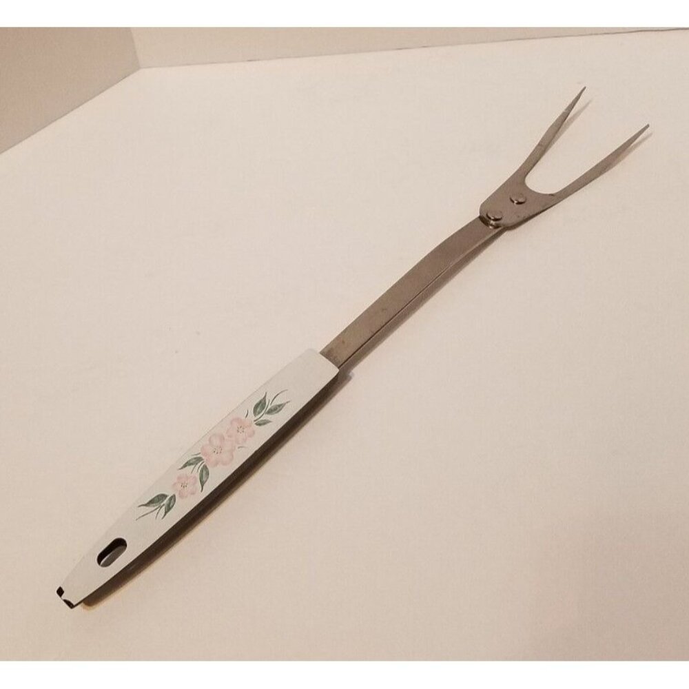 USA Stainless Steel Meat Fork 2 Wide Prong 12" Pink Flowers Handle Vintage